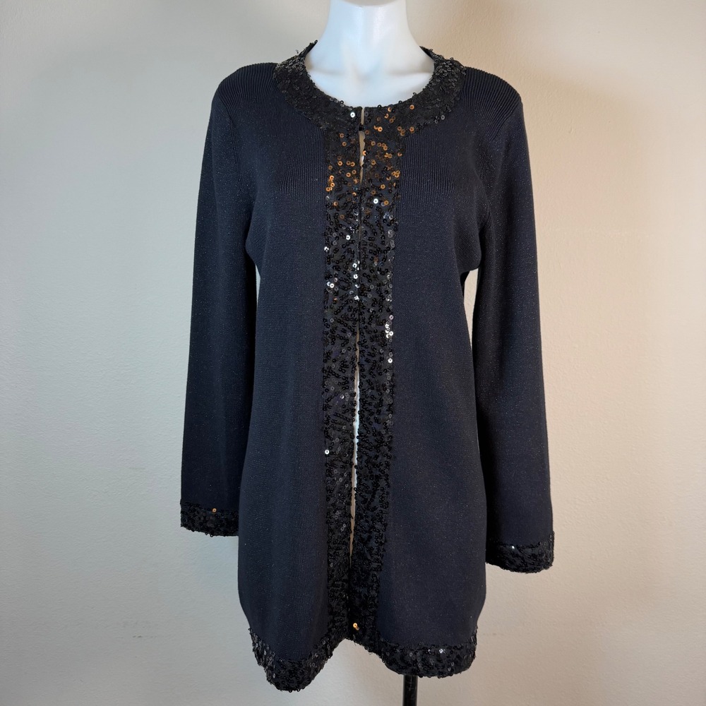 Dana Buchman XL Black Sequin Trim Long‎ Cardigan Sweater Evening Party Holiday